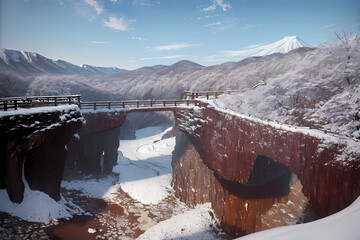 Rocky area covered in snow. Generative AI.