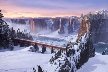 Riverside covered in snow. Generative AI.