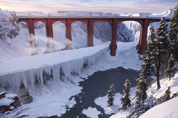 Bridge surrounded by snow. Generative AI.