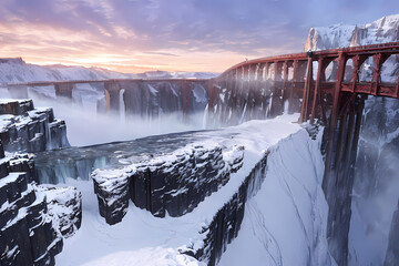 Long bridge surrounded by snow. Generative AI.