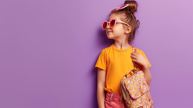 Traveler kid teen girl she wear orange t-shirt hold bag passport ticket look aside isolated on plain purple background. Tourist travel abroad in free time rest getaway Air flight trip journey concept