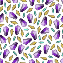 seamless pattern with diffrent crystals. Mystery and magic background
