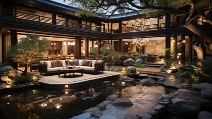 Modern Asian courtyard house with pool