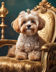 Cute Maltipoo sitting on a golden Grand Edwardian Chair, close up of the animal while looking at the camera. Animals immersed in luxury.