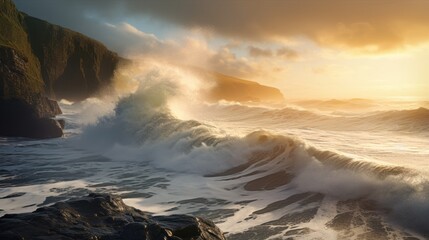 Wind fed waves break on coastal cliffs at sunset