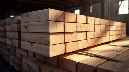 stacked wooden boards in a woodworking industry. stacks with pine lumber. folded edged board. wood...