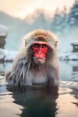 Fototapeta premium a group of red-cheeked monkeys bathing in a natural onsen hot spring in Snow. Japan