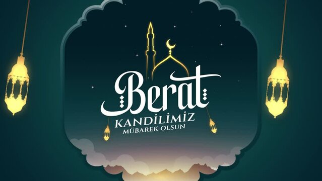 Berat Kandili mübarek olsun. Translation: Happy Berat Kandili. Muslim Holiday, 16x9 horizontal