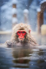 Naklejka premium a group of red-cheeked monkeys bathing in a natural onsen hot spring in Snow. Japan