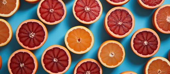Blood oranges arranged on a blue surface from above.