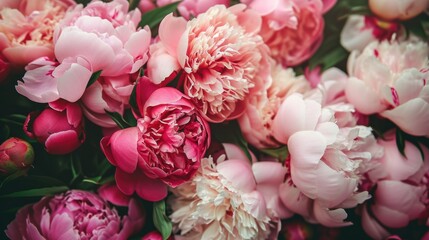 blooming peonies, forming a lush and romantic floral background generative ai