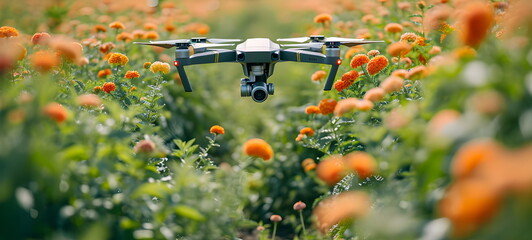 quadcopter on a flower field with orange flowers - Powered by Adobe