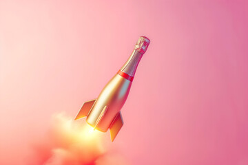 Champagne bottle flies up like a rocket. Champagne rocket launch as a symbol of holiday and party, beginning of vacation, travel or celebration. Party minimal concept, copy space