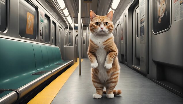 A cute cat that stands on its two legs taking the subway when a modern, realistic style. generative AI
