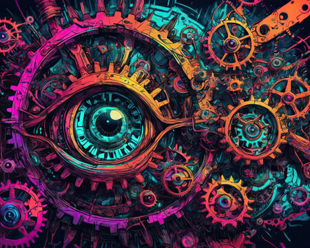 Psychedelic Cyberpunk Trip - Close-up of twisted clockwork mechanism with warped gears and shifting parts in neon colors Gen AI