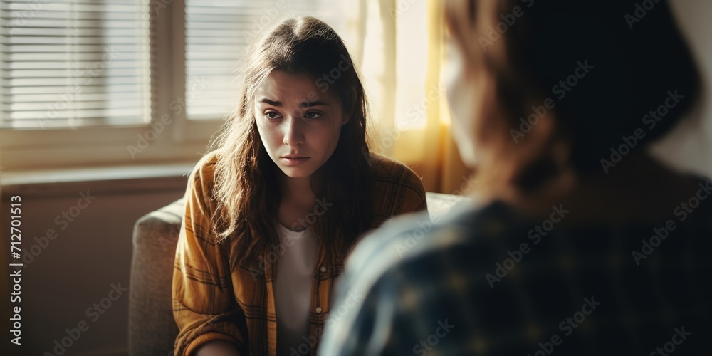 Wall mural Woman school psychologist teacher talking and helping student, girl teenager