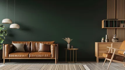 Poster A living room with a brown leather couch. Dark green walls and brown leather furniture, modern interior © Friedbert