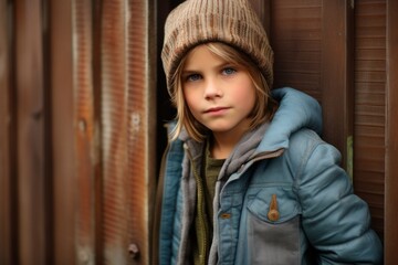 Portrait of a cute little girl in a warm hat and blue jacket