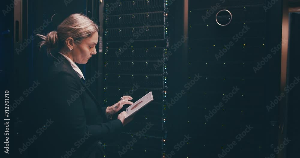 Poster woman in data center with tablet, inspection or network maintenance with engineer in storage for dat