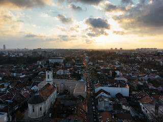 Drone flight at sunset above the Zemum district, Belgrade, Serbia, Europe
