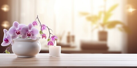 Fototapeta na wymiar Blurred spa salon bathroom with orchid flowers on wooden table.