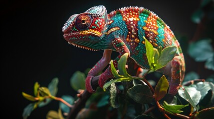 illustration of realistic multicolored chameleon with iridescent skin in speckles sitting on branch of a bush over black background - obrazy, fototapety, plakaty