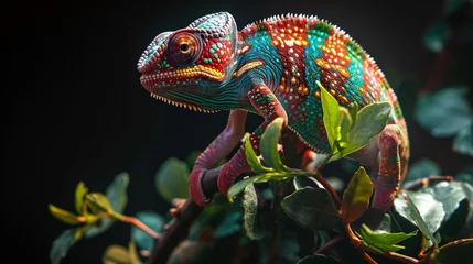 Foto op Aluminium illustration of realistic multicolored chameleon with iridescent skin in speckles sitting on branch of a bush over black background © Alizeh