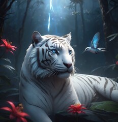 White tiger, a small bird flies near the tiger, on the background of flowers and forest, close-up portrait.
