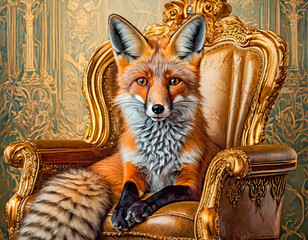 Beautiful Fox sitting on a golden Grand Edwardian Chair, close up of the animal looking at the camera. Wild animals immersed in luxury.