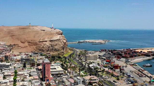 Aerial view with 4K drone of the Morro de Arica and part of the city of Arica