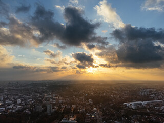 Obraz premium Drone flight at sunset above the Zemum district, Belgrade, Serbia, Europe