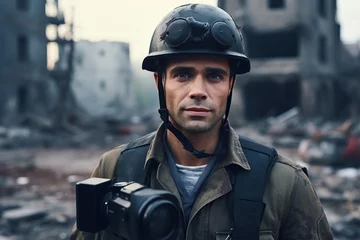 Foto op Canvas Portrait of man war journalist in bulletproof vest and helmet standing near destroyed buildings © Alina