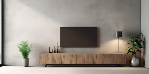 Tv cabinet on concrete wall in living room, shown in .