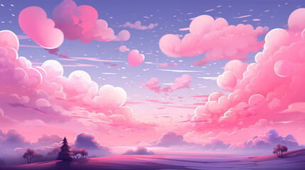 Pink Sky with Clouds. valentines Cartoon Background. Bright Illustration for Design , Generate AI