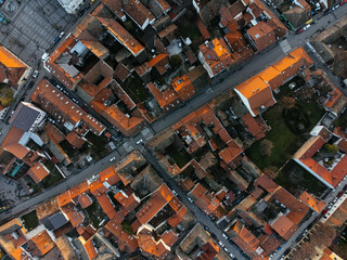 Drone flight at sunset above the Zemum district, Belgrade, Serbia, Europe