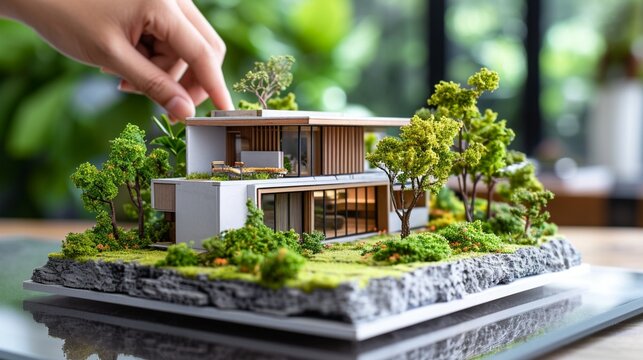 image of a person's hand adjusting a detailed architectural model of a modern house with miniature trees
