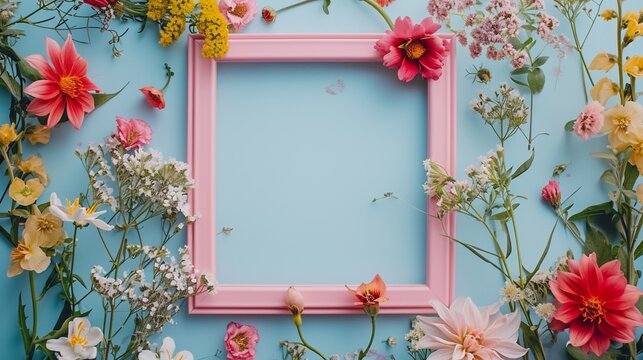 image of blooming flowers of various colors placed on and around empty pink photo frame against light blue background