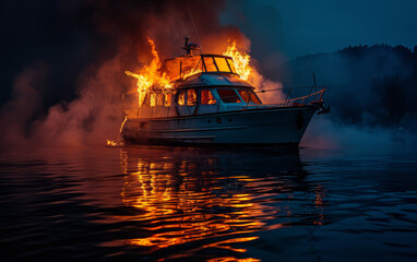 A yacht on fire near a cliff, with thick smoke rising. - obrazy, fototapety, plakaty