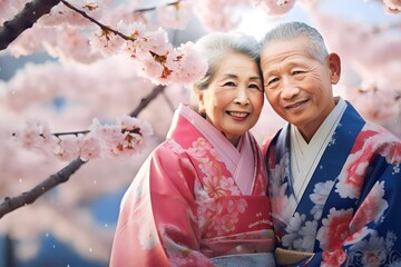 happy Asian old couple wearing traditional Japanese kimono at outdoor