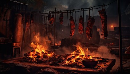 skewers being cooked over fire