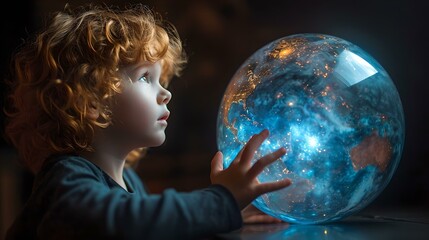 Young child in awe of a glowing celestial orb, wonder in their eyes. a magical moment captured. AI - obrazy, fototapety, plakaty