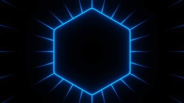 Blue neon hexagon frame with radiating rays loop animation