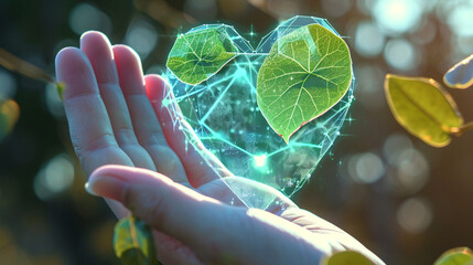 Holographs. Heart-shaped leaves Holographic Infographic on an open robotic palm. Holographic meeting of robot hand and green. Business - obrazy, fototapety, plakaty