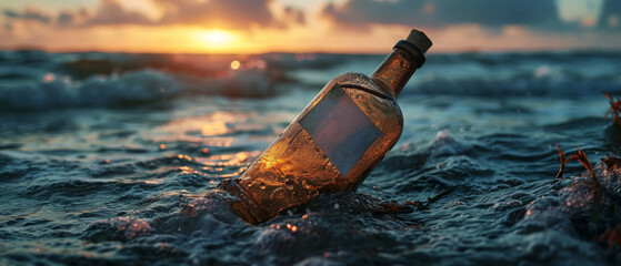An old bottle with a message inside lying in the surf on the shore.