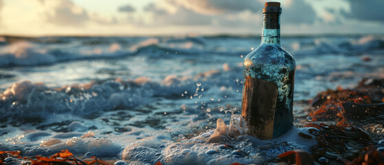An old bottle with a message inside lying in the surf on the shore. - obrazy, fototapety, plakaty