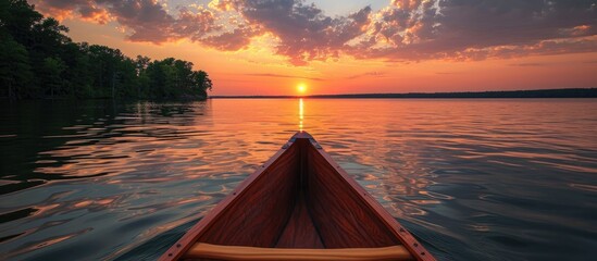 Stunning sunset on serene Kentucky lake, viewed from an old canoe. - obrazy, fototapety, plakaty