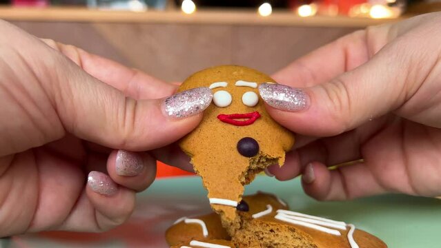 breaking the gingerbread man into different parts destroying the concept of end of life holiday holiday cookies close up in the hands of a woman. end of christmas