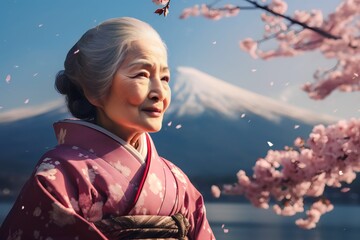 happy Asian old women wearing traditional Japanese kimono