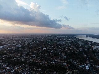 Obraz premium Drone flight at sunset above the Zemum district, Belgrade, Serbia, Europe