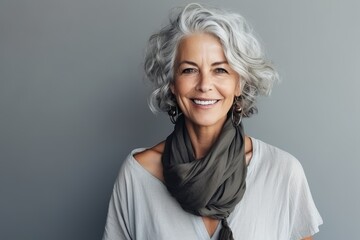Portrait of a happy senior woman with a scarf over grey background